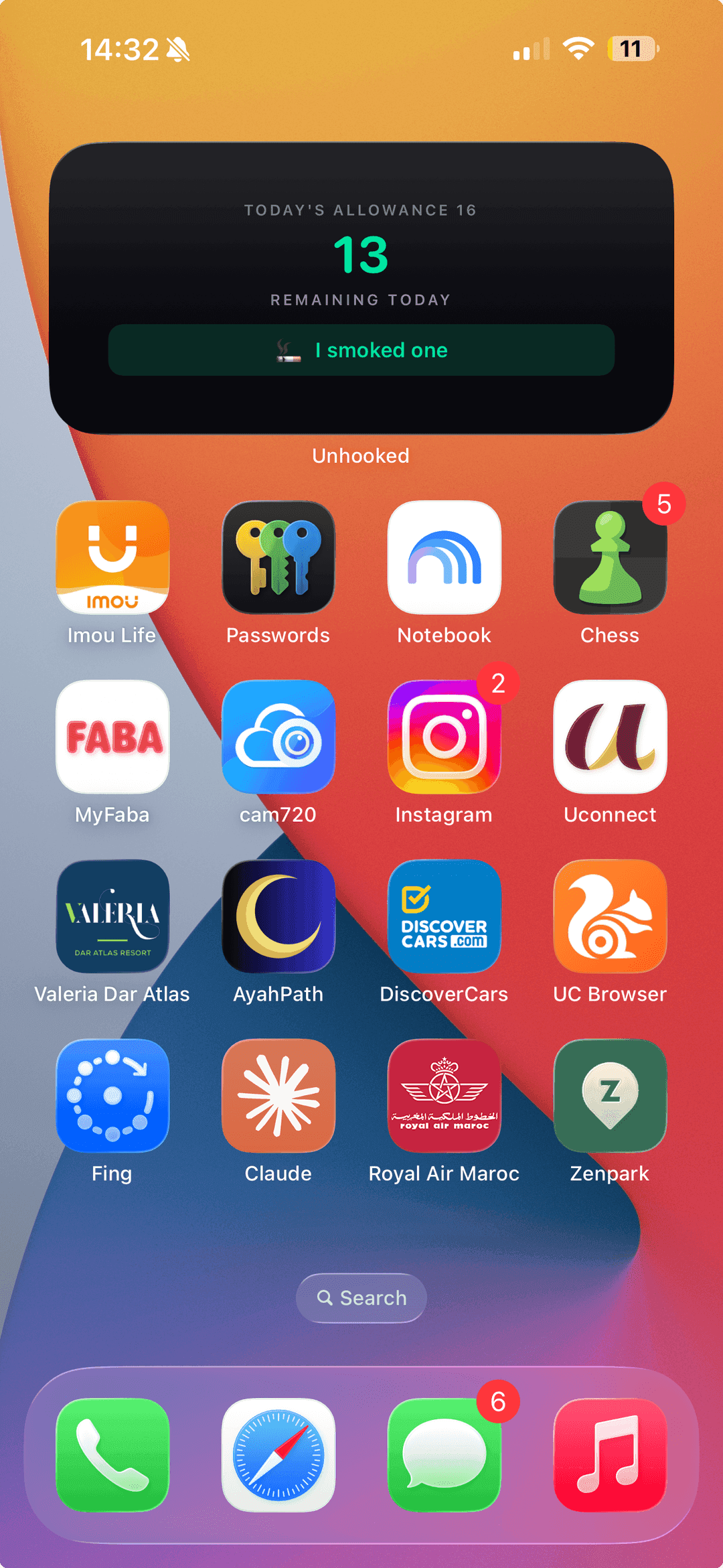 An iPhone home screen with the Unhooked widget showing today's allowance and a log button