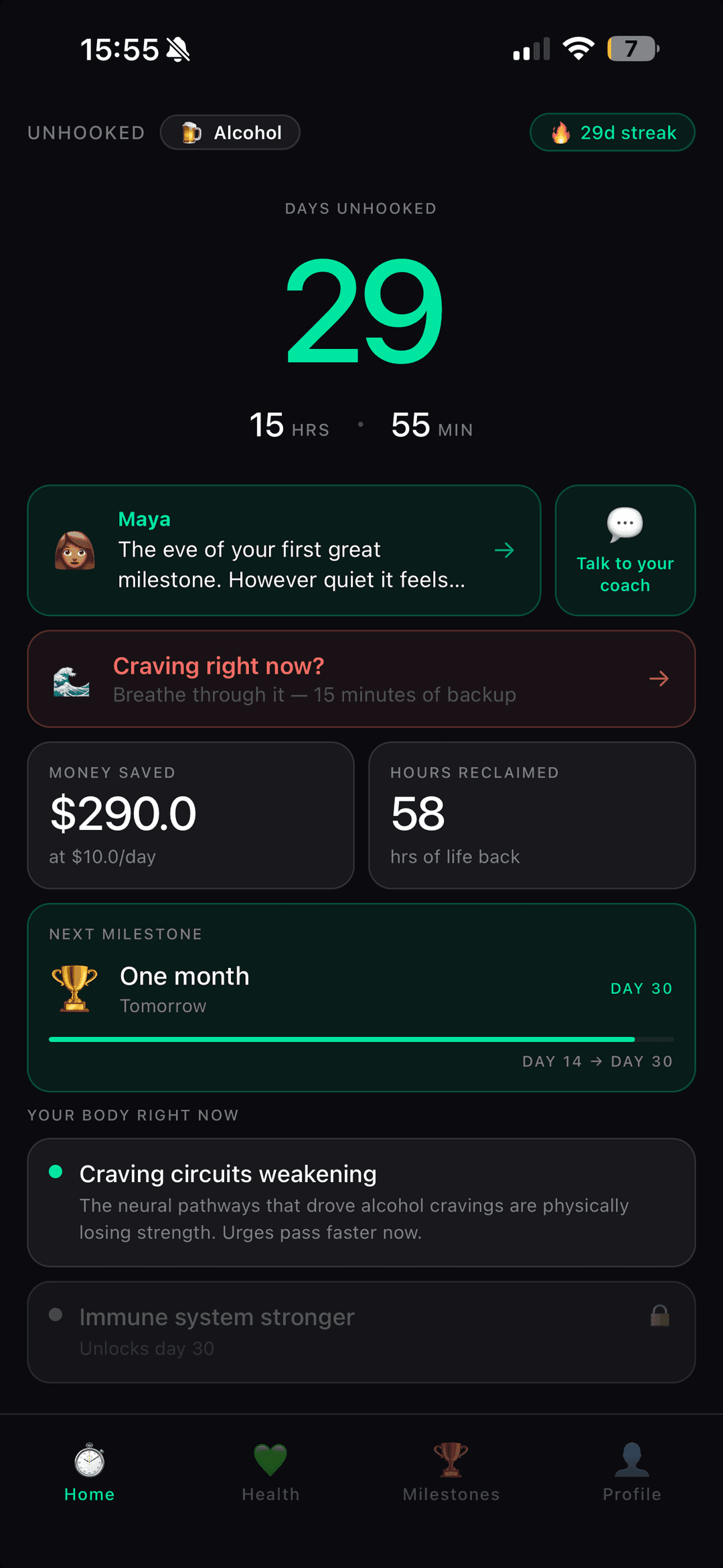 The Unhooked home screen for the alcohol module, showing 29 days, money saved and the next milestone