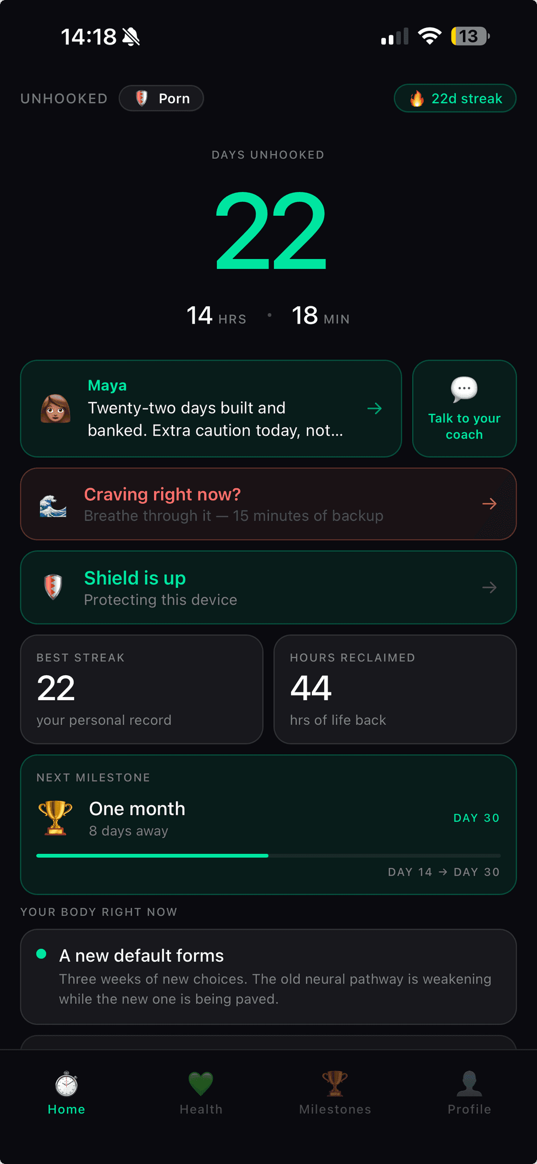 The Unhooked home screen: a 22-day streak, a message from the AI coach, a craving button and the Shield turned on