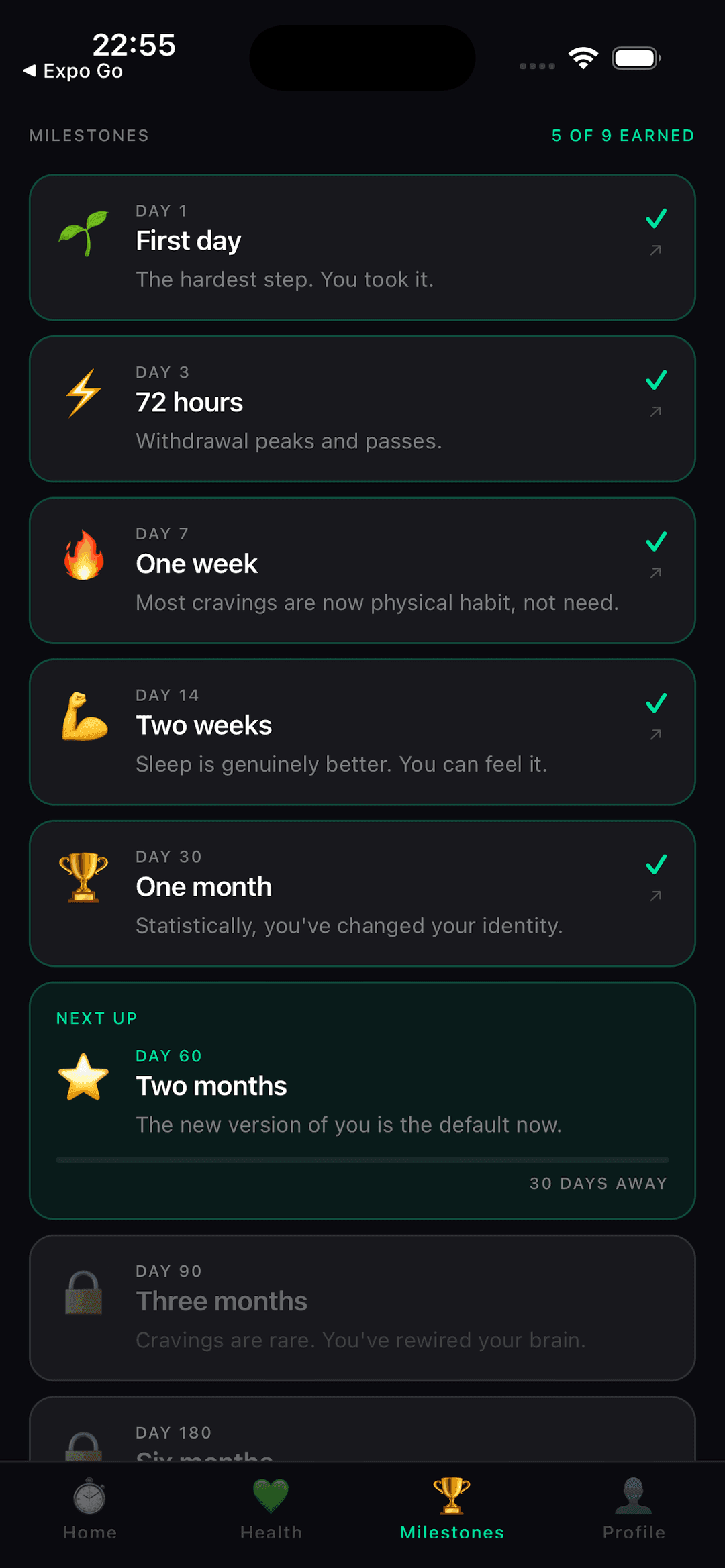 The milestones screen with earned, next-up and locked milestones from day 1 to one year